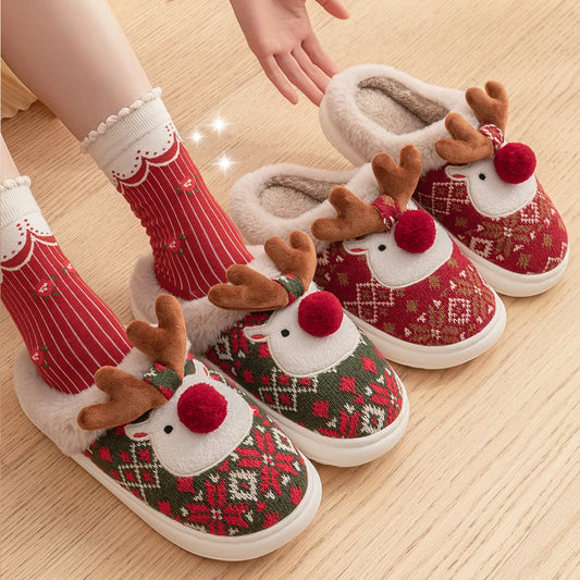 Christmas Elk Plush Slippers Warm Slip-on House Shoes Anti Slip Flat Thermal Slippers Furry Reindeer Slipper for Indoor Bedroom
