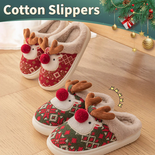 Christmas Elk Plush Slippers Warm Slip-on House Shoes Anti Slip Flat Thermal Slippers Furry Reindeer Slipper for Indoor Bedroom